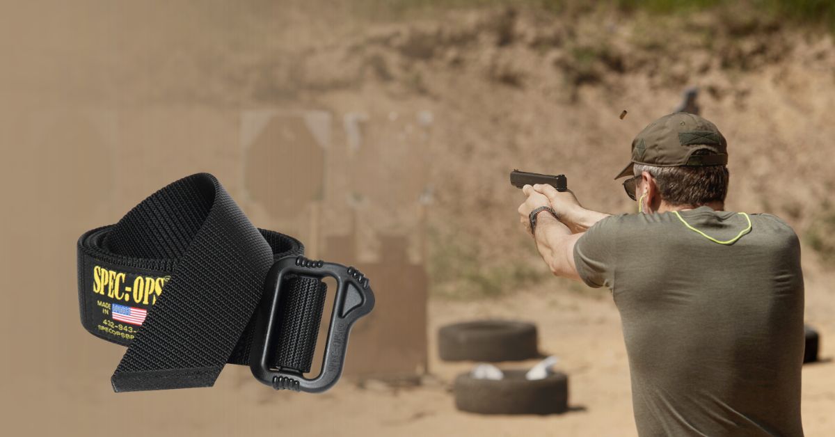 Man shooting targets with a spec-ops belt in foreground