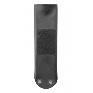 Black leather belt sheath with a strap on a white background