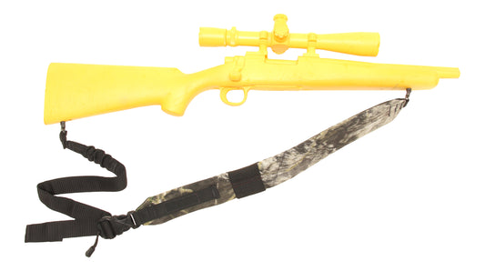 Yellow air rifle with a scope and camouflage sling on a white background